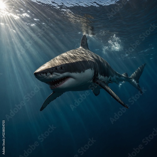 A great white shark swimming in deep blue ocean waters. shark in the sea A tuna darting at full speed, leaving ripples in the clear water. bottom view from below of shark photo