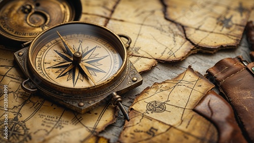 Antique compass on vintage maps showcases adventure and navigation tools