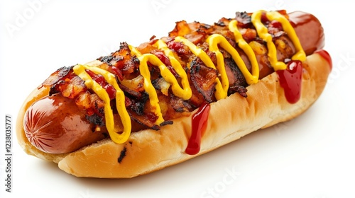 Bacon and Cheese Hot Dog with Mustard and Ketchup