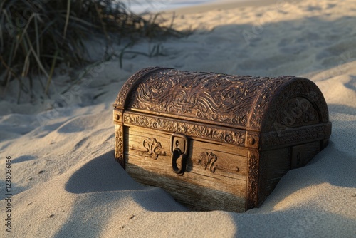 Ornate wooden treasure chest partially buried in sand on beach at sunrise