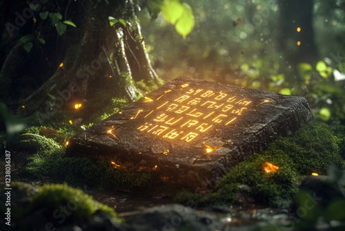 Glowing ancient runestone in mystical forest with enchanted symbols