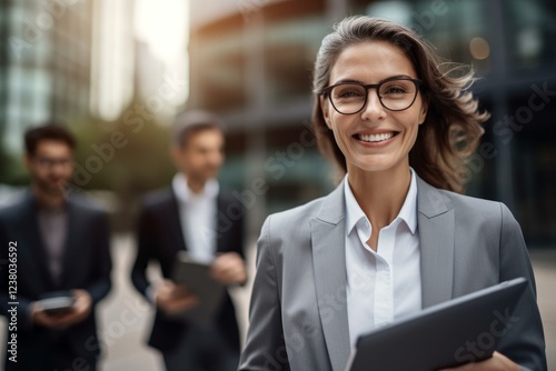 Portrait of a smiling businesswoman holding a tablet in a modern business environment photo