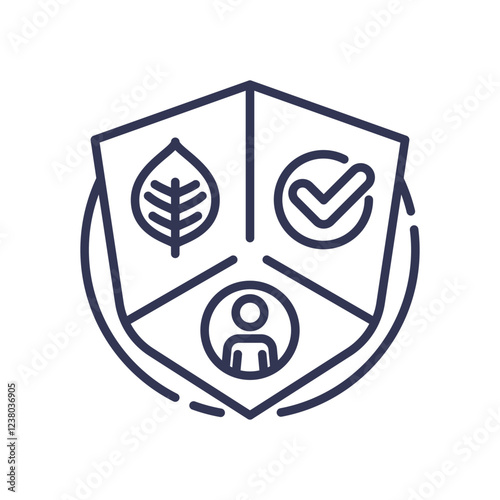 Shield with leaf, checkmark, and person symbolizes ethical investing: sustainability, responsibility, and trust.