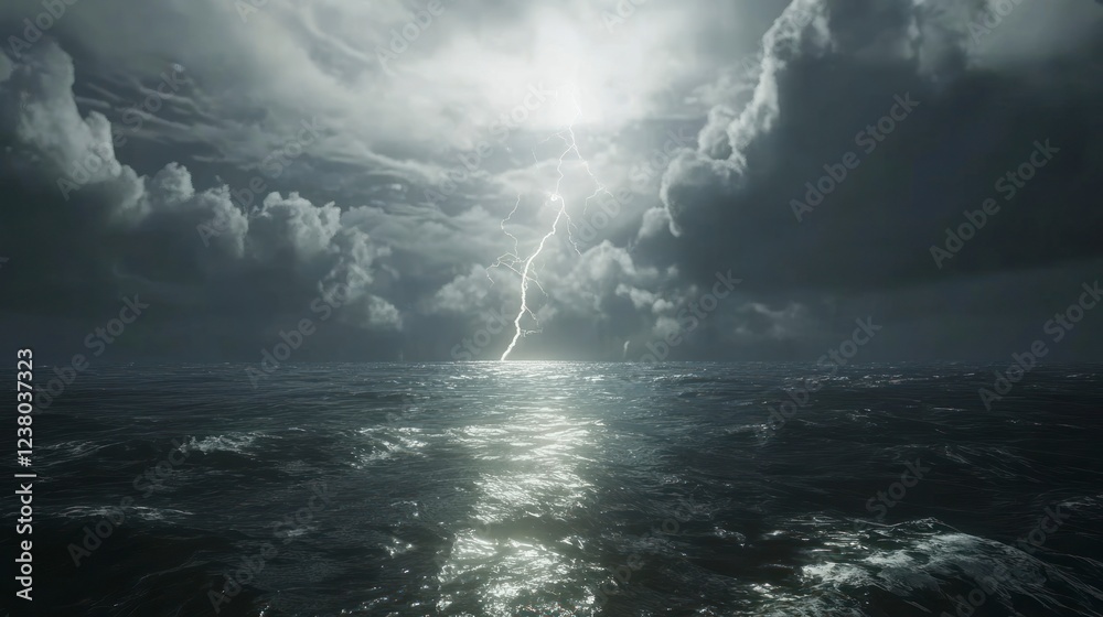 a lightning striking in the distance over an ocean, with dark clouds overhead creating dramatic lighting and shadows on the water's surface. a lightning striking in the distance over an ocean, with dark clouds overhead creating dramatic lighting and shadows on the water's surface.