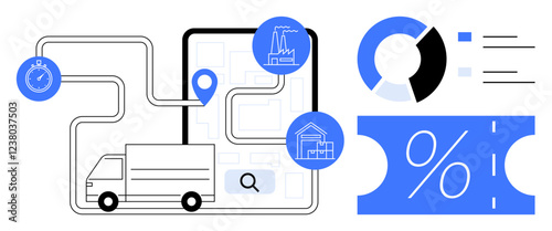 Truck navigating route on map, stopwatch, pie chart, growth charts, and a discount percentage symbol. Ideal for logistics, supply chain, efficiency, data analysis route planning inventory