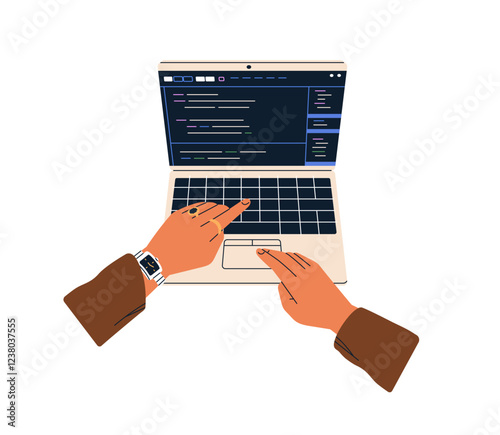 Hands at laptop keyboard during online work. Computer screen with abstract web-site interface. Browsing internet, searching business information. Flat vector illustration isolated on white background