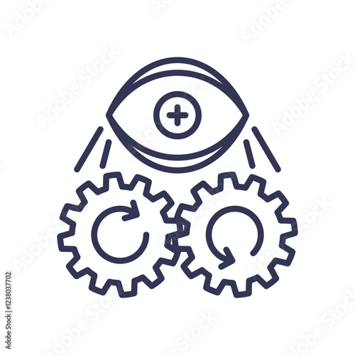 Eye overseeing gears symbolizes surveillance in operations.