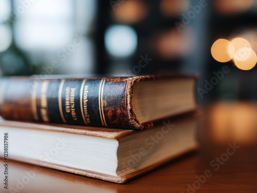 Vintage Library Aesthetic Stacked Hardcover Books on Rustic Wood Desk - Literary Workspace Atmosphere for Bookish Content and Scholarly Marketing photo