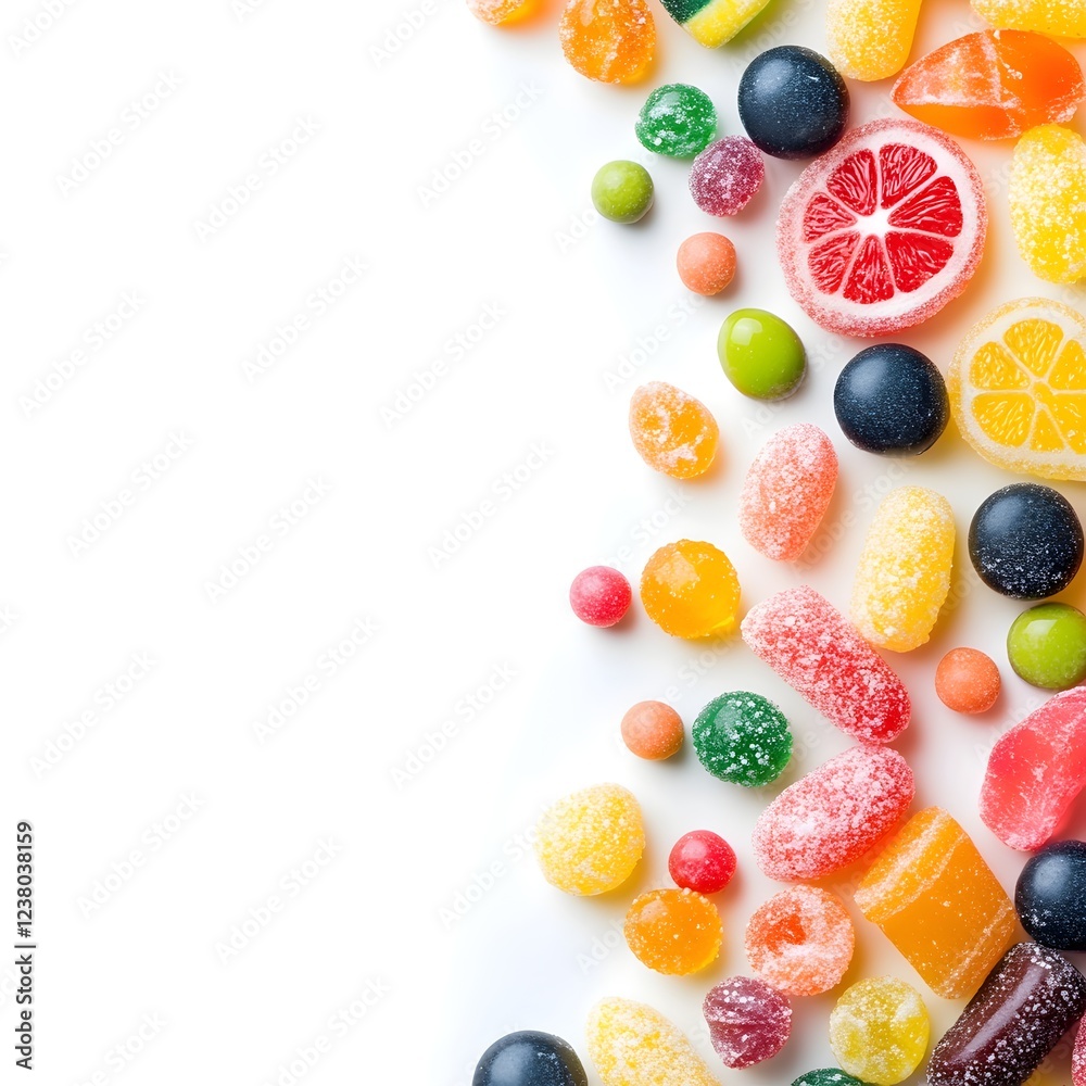 Assorted Candies on White Background with copy space and text space Assorted Candies on White Background with copy space and text space