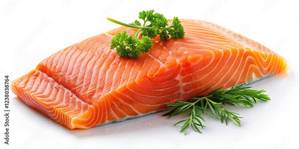 Raw salmon fillet, pristine and detailed, against a pure white backdrop. Raw salmon fillet, pristine and detailed, against a pure white backdrop.