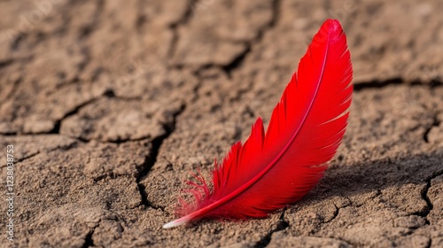 A single bird feather stained red lying on cracked soil symbolizing the mortality and tragedy caused by avian influenza 