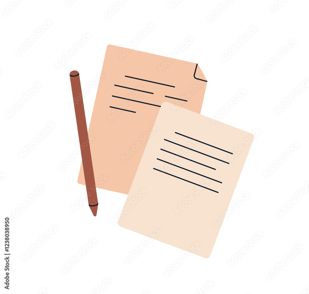 Paper documents with pen. Business paperwork, reports, applications, legal statements, reviews, letters. Writing notes, text lines on sheets. Flat vector illustration isolated on white background
