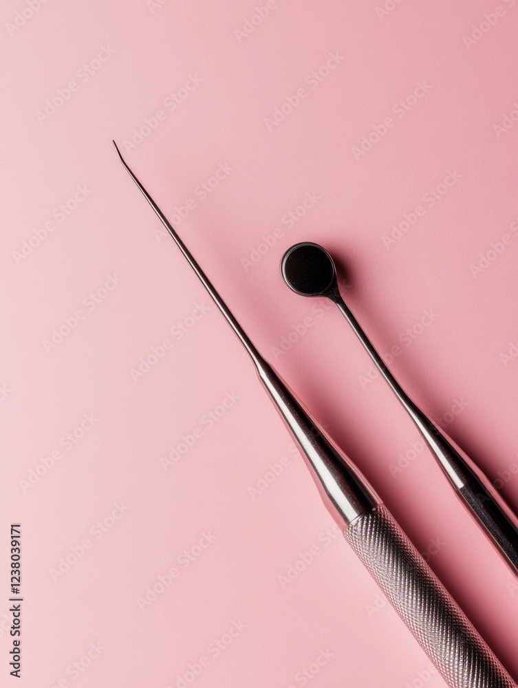 Contemporary Dental Instrumentation Stainless Steel Cleaning Tools on Pink Surface - Professional Hygiene Standards and Aesthetic Dental Care Content