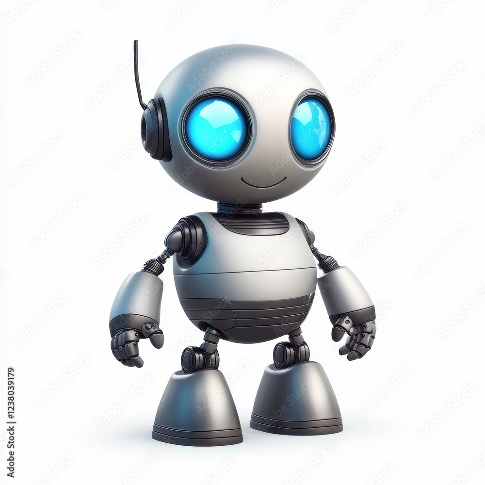 friendly robot with a round body and blue glowing eyes, isolated on a clean white background friendly robot with a round body and blue glowing eyes, isolated on a clean white background