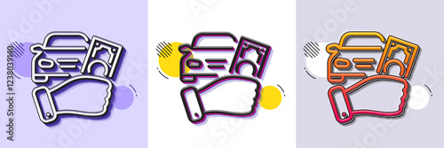 Rent car line icon. Halftone dotted pattern. Gradient icon with grain shadow. Buy transport sign. Vehicle down payment symbol. Line rent car icon. Various designs. Vector