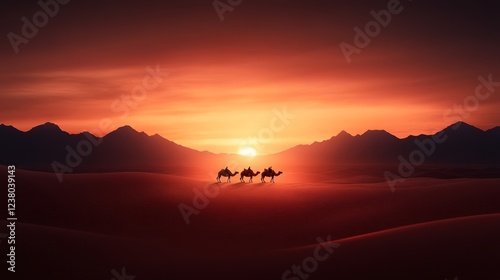Camel caravan crossing golden desert dunes under a glowing sunset Arabian travel adventure mystical and warm tones expansive landscape 