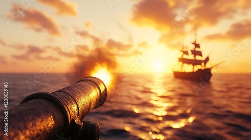 Cannon fire erupts from a buccaneer ship as it chases a merchant vessel under a dramatic golden sunset with waves crashing around  photo