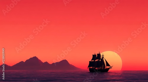 Buccaneer ship with tattered black sails silhouetted against a crimson sunset surrounded by calm ocean waves and distant islands 