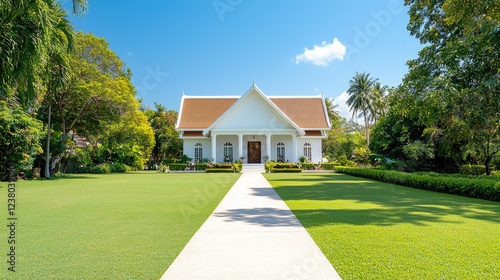 White house, lush garden, sunny day, tropical location, real estate