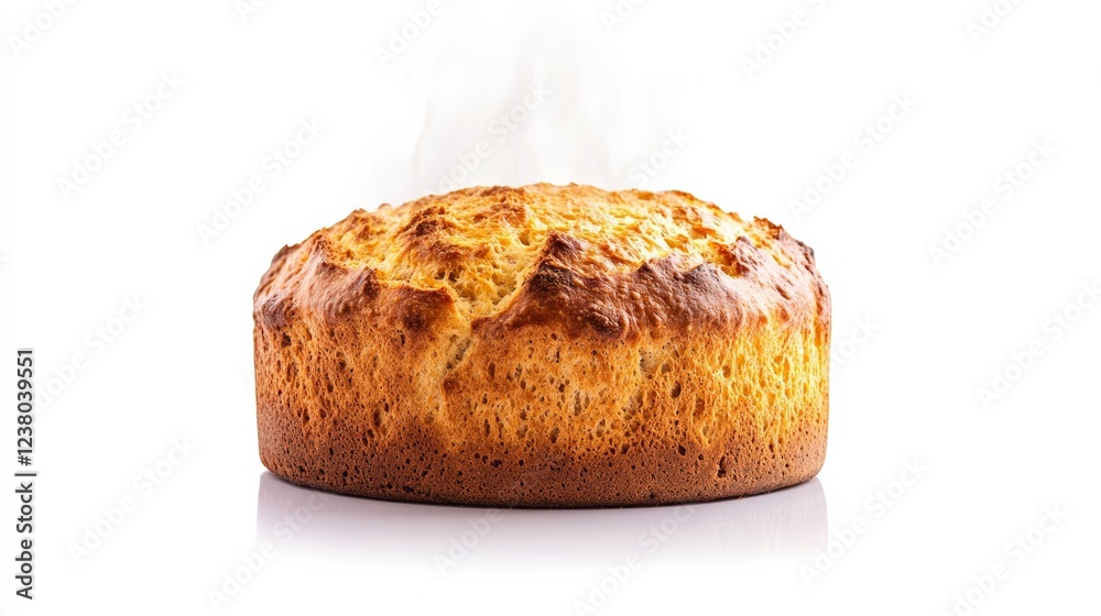 Golden brown Irish soda bread with steam rising isolated on a white background emphasizing freshness Golden brown Irish soda bread with steam rising isolated on a white background emphasizing freshness