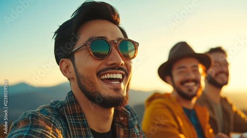 Group of Asian American friends laughing and eating snacks during a road trip with mountains and winding roads ahead fun travel vibe  photo