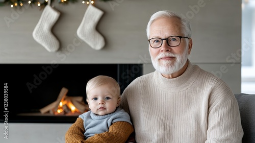 Grandparents holding twin babies while sitting by a cozy fireplace with holiday stockings hanging above evoking warmth and family bonds 