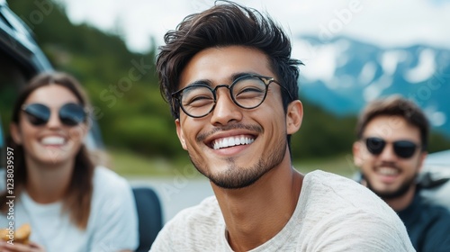 Group of Asian American friends laughing and eating snacks during a road trip with mountains and winding roads ahead fun travel vibe  photo