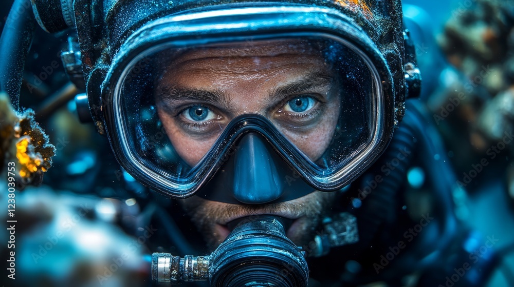Diver immersed in vibrant underwater life, showcasing intense focus and clarity