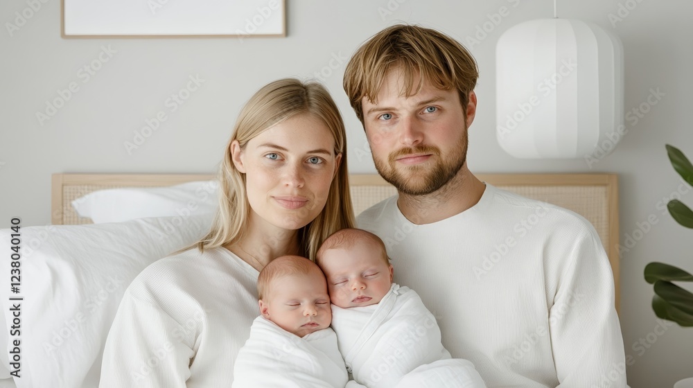 Parents kissing the foreheads of their newborn twins while sitting on a bed with white sheets celebrating family love and tenderness Parents kissing the foreheads of their newborn twins while sitting on a bed with white sheets celebrating family love and tenderness