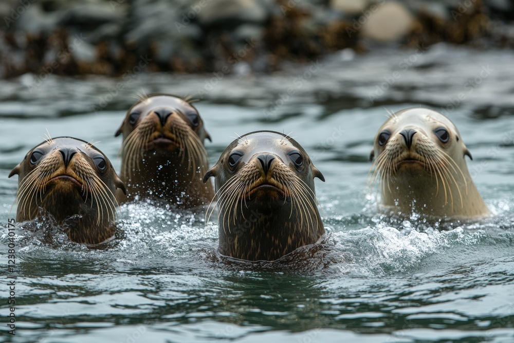 Fototapeta premium Four curious sea lions swim together in ocean waters