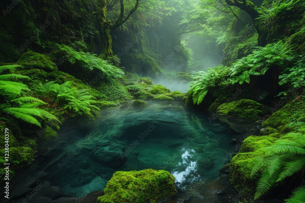 Lush green forest with misty stream and verdant foliage in serene natural setting Lush green forest with misty stream and verdant foliage in serene natural setting