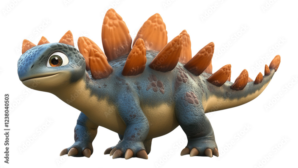 Obraz premium Cartoon Stegosaurus on white background, playful design, vibrant colors, transparent PNG for versatile use, ideal for educational materials