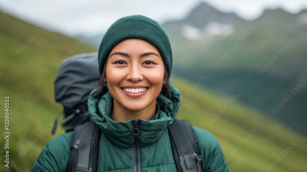 Smiling Asian American backpacker resting by a mountain trail with scenic green valleys behind embracing natures beauty travel spirit Smiling Asian American backpacker resting by a mountain trail with scenic green valleys behind embracing natures beauty travel spirit