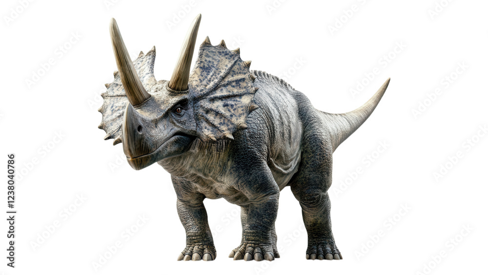 Fototapeta premium Triceratops Illustration, vibrant depiction of a Triceratops with prominent horns, set against a clean white backdrop, ideal for educational use