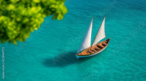 Traditional Arabian dhow boat sailing across turquoise waters with distant coastal village in view tranquil travel mood warm coastal light 