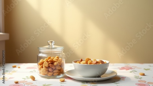 Clear Food Container Mockup,  Breakfast table clear food container with cereal photorealistic.