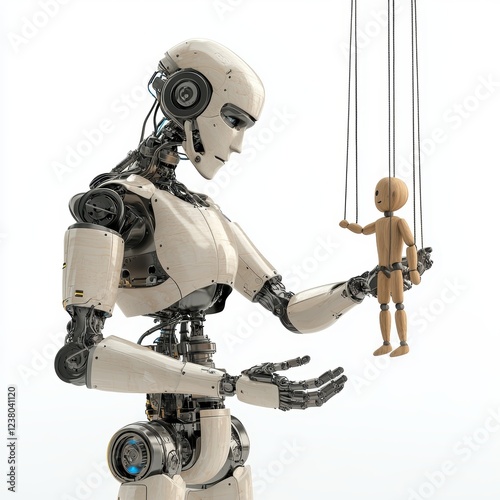 Futuristic robot manipulating a wooden marionette human, placed on a bright white background