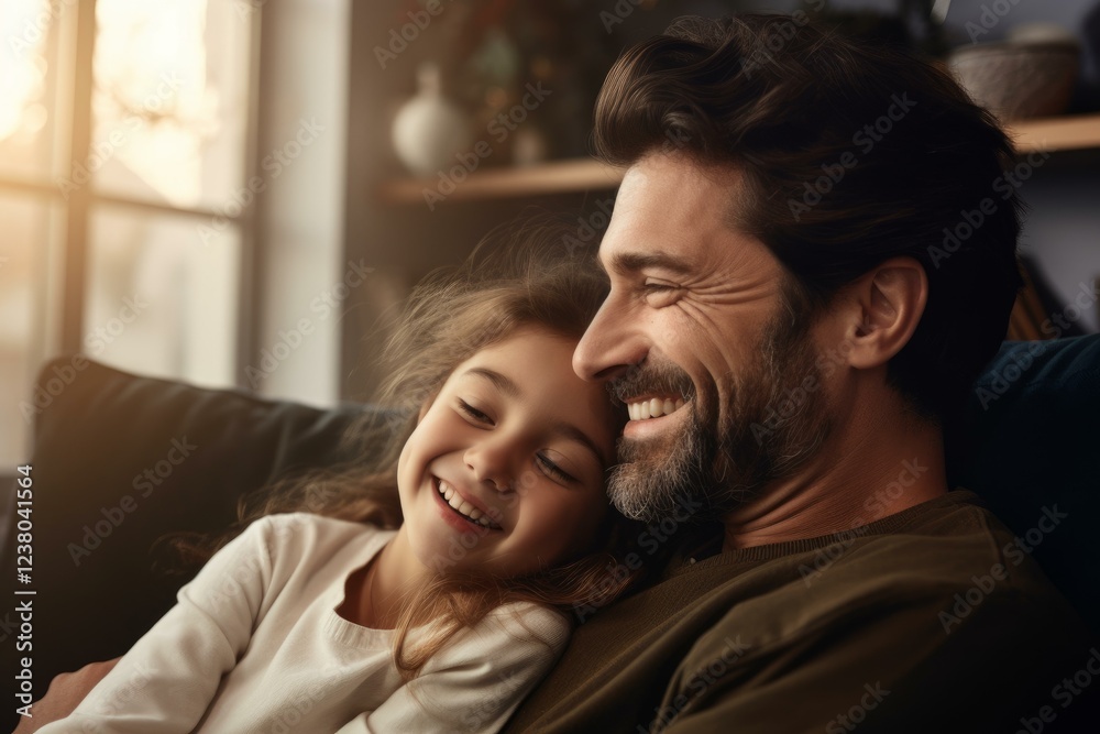 Father and daughter laughing and enjoying time together on a comfortable sofa in a cozy home setting Father and daughter laughing and enjoying time together on a comfortable sofa in a cozy home setting