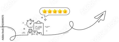 Delivery report line icon. Continuous line with share plane. Parcel documents sign. Express service symbol. Five star rate review in speech bubble. Delivery report single line ribbon. Vector