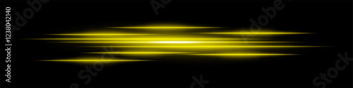 Abstract light streaks background. Glowing yellow horizontal lines with motion blur effect on a dark backdrop. Futuristic speed, energy flow, laser beams, and technology concept.