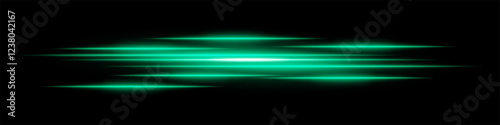 Abstract light streaks background. Glowing green horizontal lines with motion blur effect on a dark backdrop. Futuristic speed, energy flow, laser beams, and technology concept.