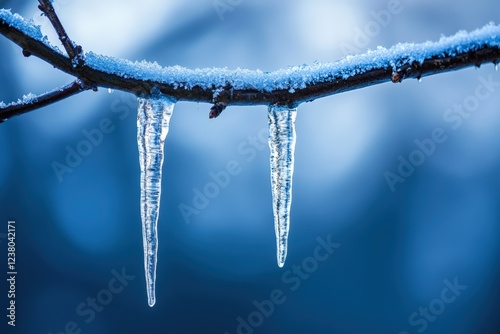 Frozen icicles on snow-covered branch in winter blue background