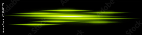 Abstract light streaks background. Glowing green horizontal lines with motion blur effect on a dark backdrop. Futuristic speed, energy flow, laser beams, and technology concept.
