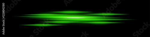 Abstract light streaks background. Glowing green horizontal lines with motion blur effect on a dark backdrop. Futuristic speed, energy flow, laser beams, and technology concept.