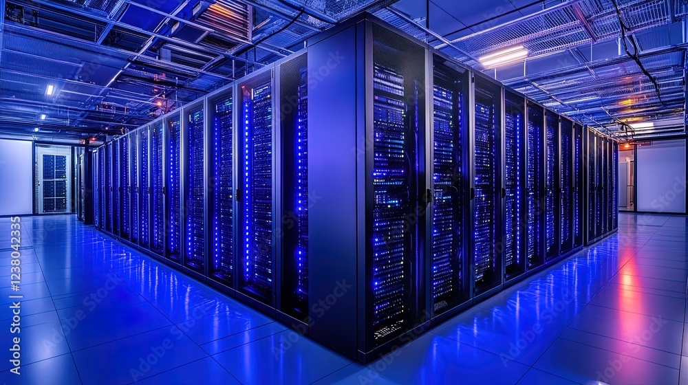 Fototapeta premium A futuristic data center with rows of servers glowing in neon blue, sleek and high-tech