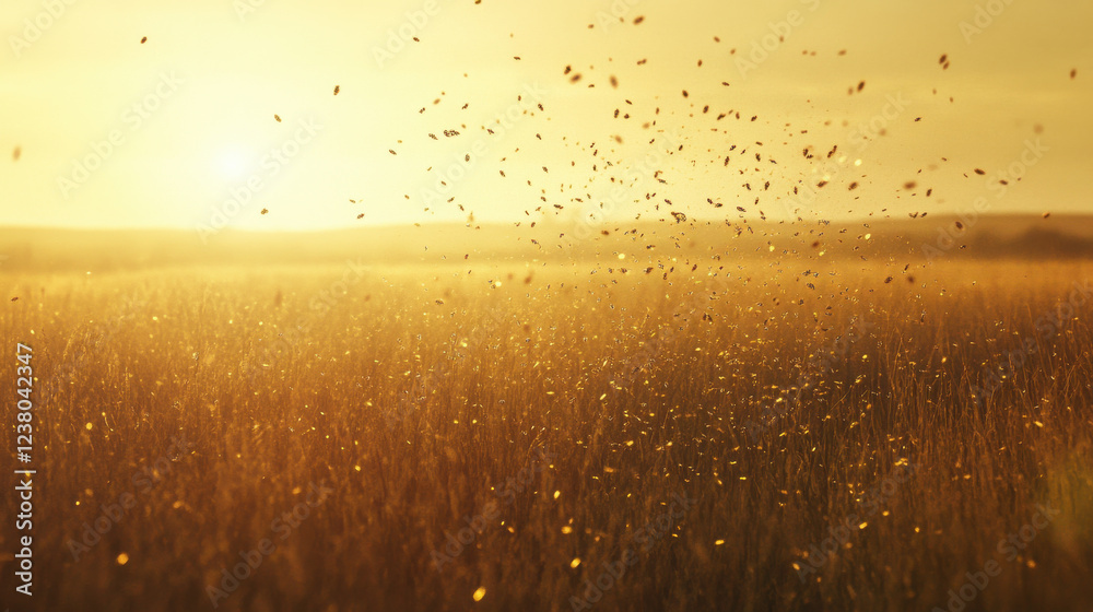 Obraz premium A poetic and tranquil scene of golden dust particles drifting in the air, illuminated by a soft ethereal glow, subtle motion in the air