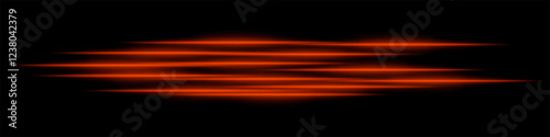 Abstract orange light streaks background. Glowing horizontal lines with motion blur effect on a dark backdrop. Futuristic speed, energy flow, laser beams, and technology concept.