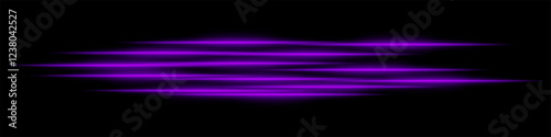 Abstract purple light streaks background. Glowing horizontal lines with motion blur effect on a dark backdrop. Futuristic speed, energy flow, laser beams, and technology concept.