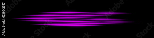 Abstract purple light streaks background. Glowing horizontal lines with motion blur effect on a dark backdrop. Futuristic speed, energy flow, laser beams, and technology concept.
