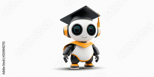 A playful robot character wearing a graduation cap and gown stands proudly, symbolizing educational success. It has big, friendly eyes and a joyful demeanor, ready for a celebration.